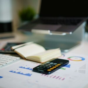 Small business financial tracking workspace with reports and expense calculations